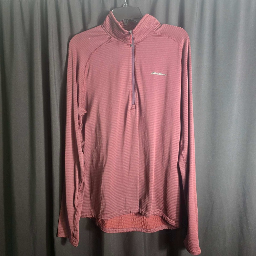 Eddie Bauer Mens Large Burgundy Striped Grid Fleece‎ Quarter Zip Pullover L